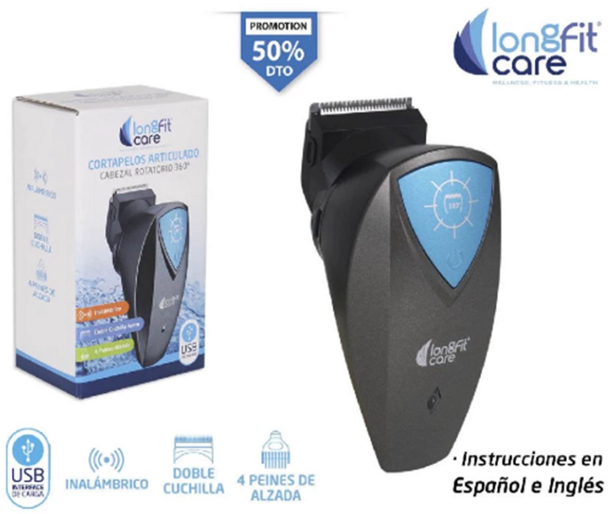 Han-Bar® Professionele Tondeuse met 360° Roterende Kop – Draadloos & USB Oplaadbaar en 4 opzetstukken