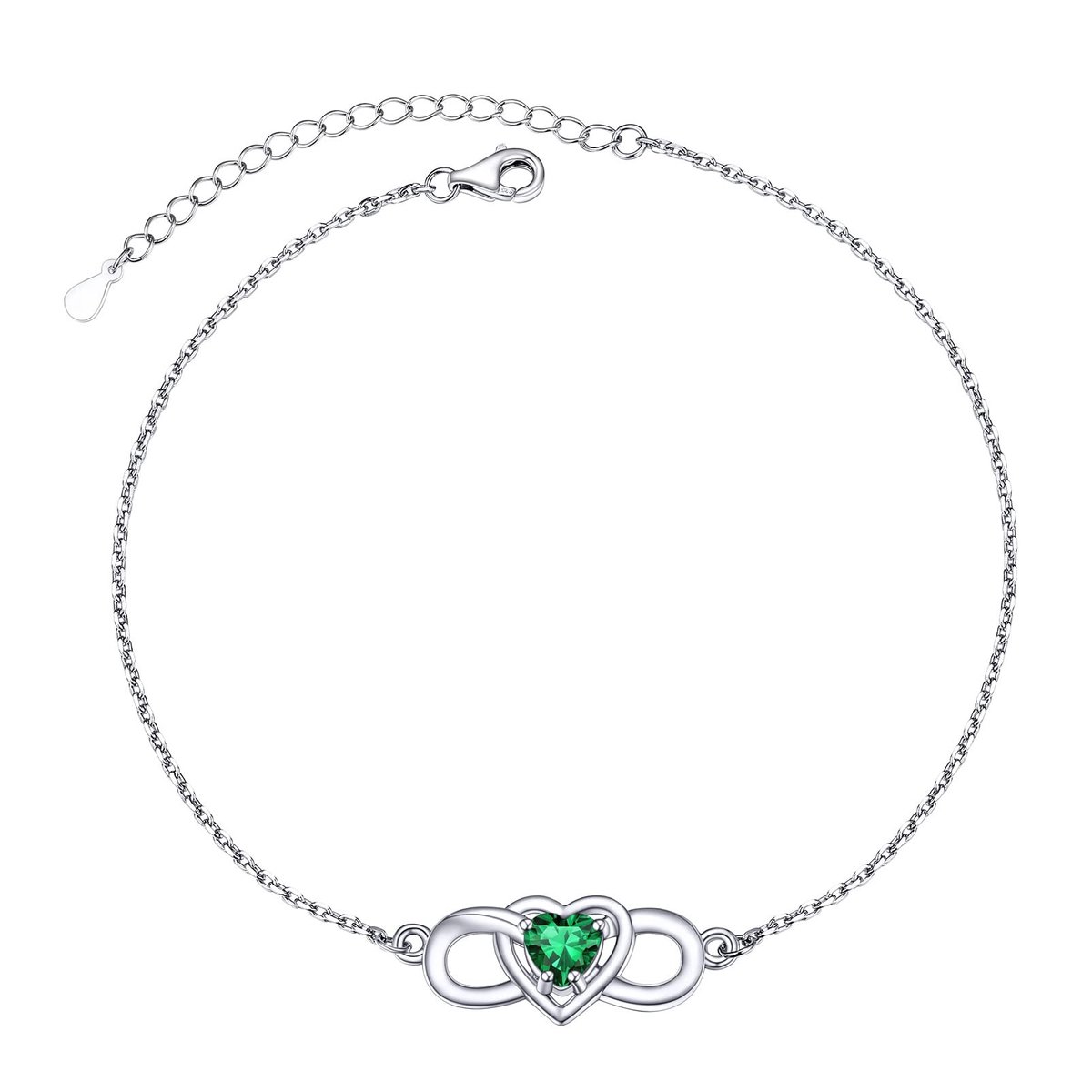 PROSILVER Infinity Enkelbandje Zilver met Imitatie Smaragd Hart