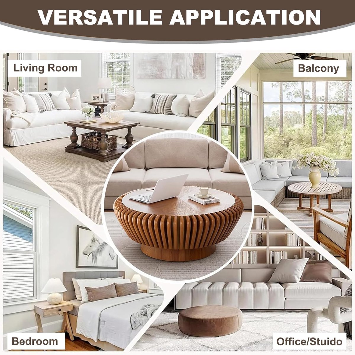 Ronde salontafel met opbergruimte 90x90x38,5 cm – Ribbel design koffietafel houtlook modern MDF krasbestendig – woonkamer tafel industrieel / modern – Faisal