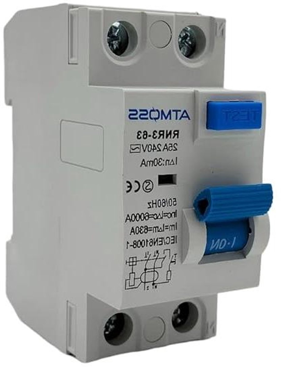Aardlekschakelaar - Differentie - Veiligheid Elektrisch - Type AC - 2P 25A 30mA - Grijs