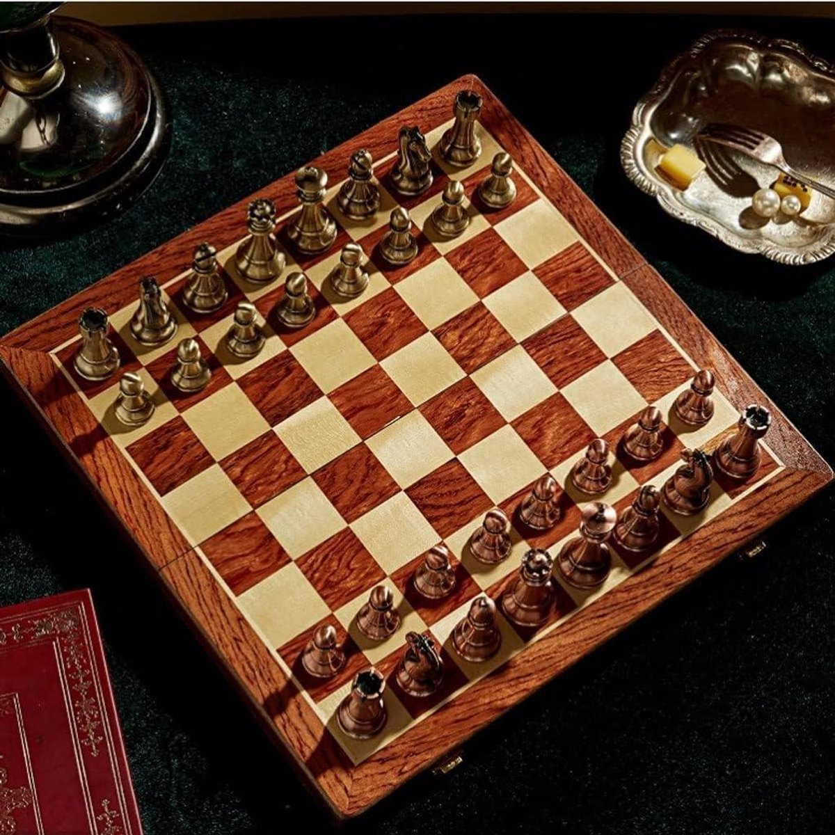 Schaakspel Hout Metaal - Reis schaakset - Strategisch Spel - Inclusief Opbergvakken - 39.5 cm - Niet Magnetisch