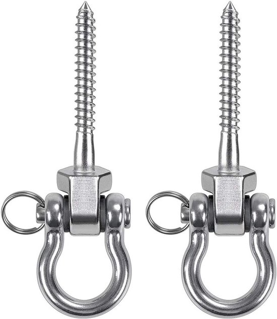 Twee roestvrijstalen schommelhaken met schroefdraad en U-vormige ringen, tegen een witte achtergrond.