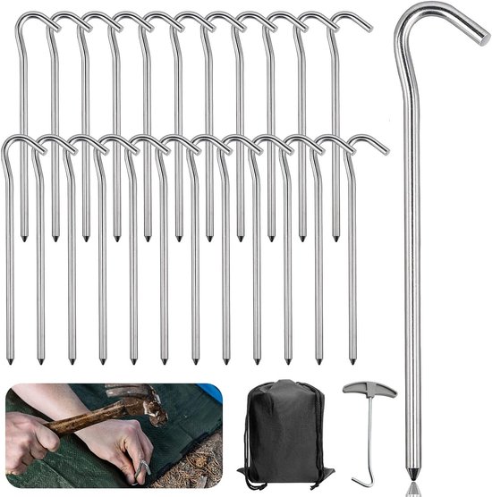 Stable Aluminium 18 cm Tent Pegs with Reflective Rope - Ideal for Garden Camping Fishing - Silver