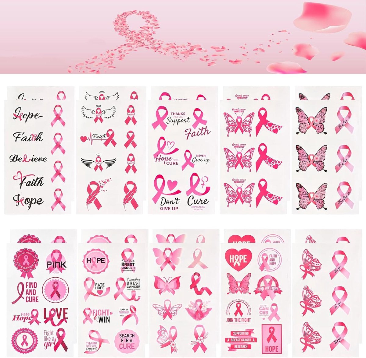 Roze lint stickers - Bewustzijn tatoeages - Steun tonen - Veilig materiaal - 20 vellen - Roze