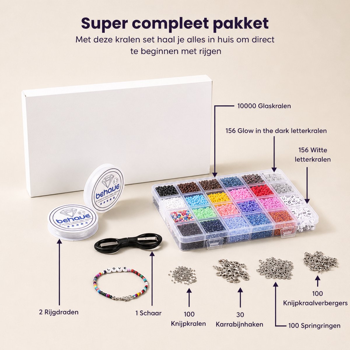Behave 10000 Glaskralen Set Deluxe - DIY Sieraden maken - Kralen Set - Rocailles - Bedels - Letterkralen - 20 Kleuren - 3mm — afbeelding 8