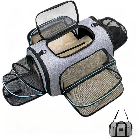 Reistas voor honden en katten – Hondentas – Reistas – Kattenmand–Geschikt voor in het vliegtuig–Vier deuren–Grijs–45,5 x 28 x 28 cm