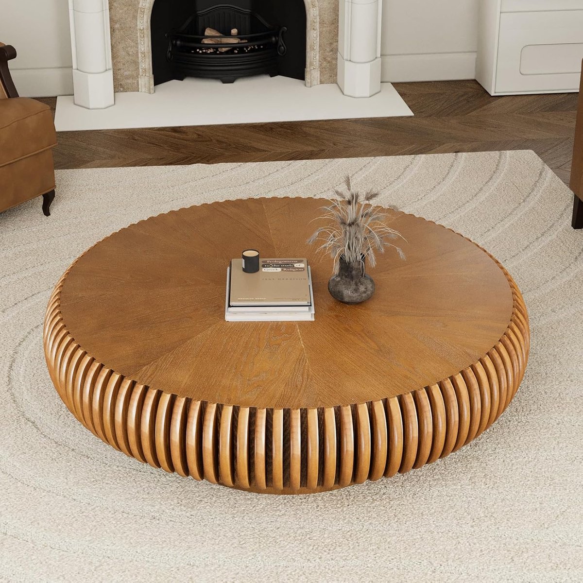 Ronde Salontafel 80 cm x 80 cm x 35 cm – Moderne Design Koffietafel met Geribbelde Houtstructuur en Opbergleven – Compacte Woonkamer Tafel in Bruin – Art Deco Stijl – Merk Faisal