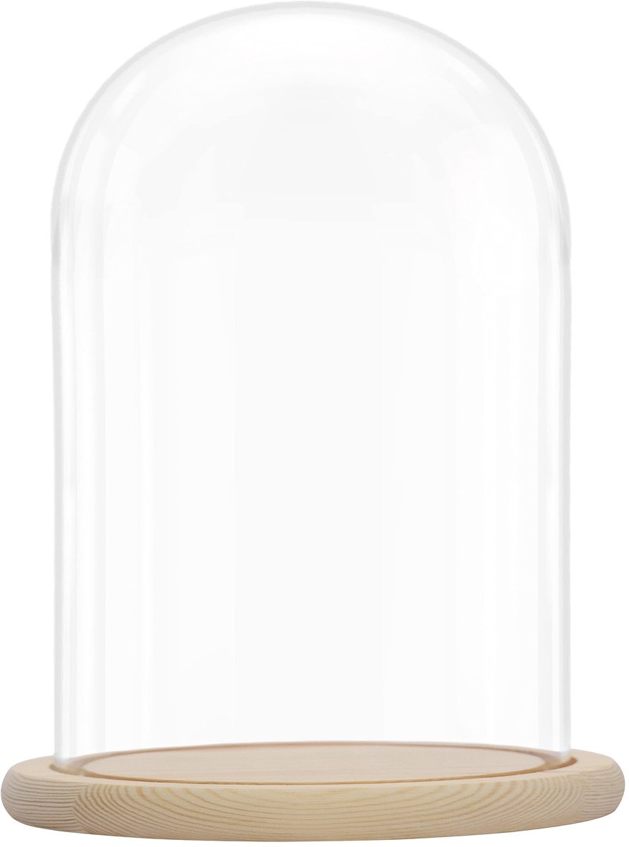 Allecto - Glazen Bel met Houten Sokkel - Decoratieve Stolp - 31,5 cm - Transparant - Tafeldecoratie - Voor Verlichting en Bescherming