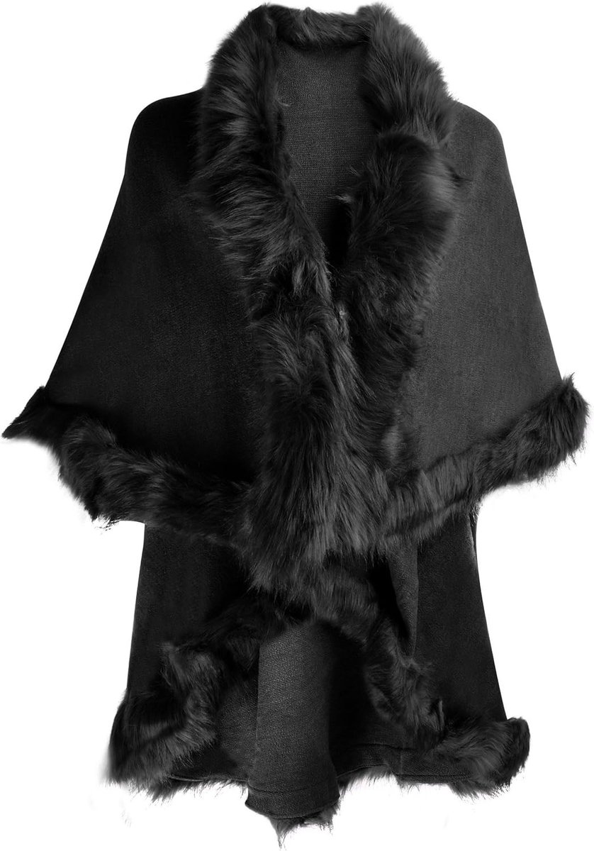 Dames fijn gebreide cardigan met capuchon en nepbont poncho voor stijlvolle outfits