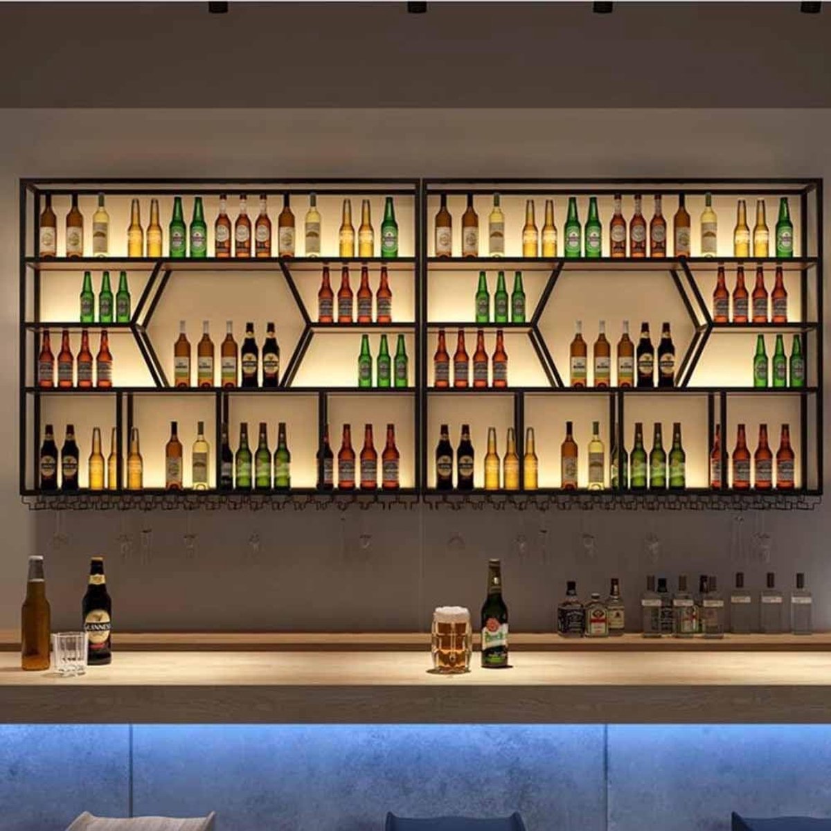 Wandgemonteerd LED wijnrek met glazenhouder en flessenopslag 150 x 20 x 125 cm – industrieel zwart metalen zwevend wijnrek voor wijnflessen (50+ capaciteit), bar, keuken, restaurant – HomebyNicole