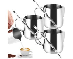 Stainless Steel Melkkannen Set van 3 - 150 ml Melkschuimkan met Maatindicatie en Latte Art Pen voor Cappuccino en Espresso