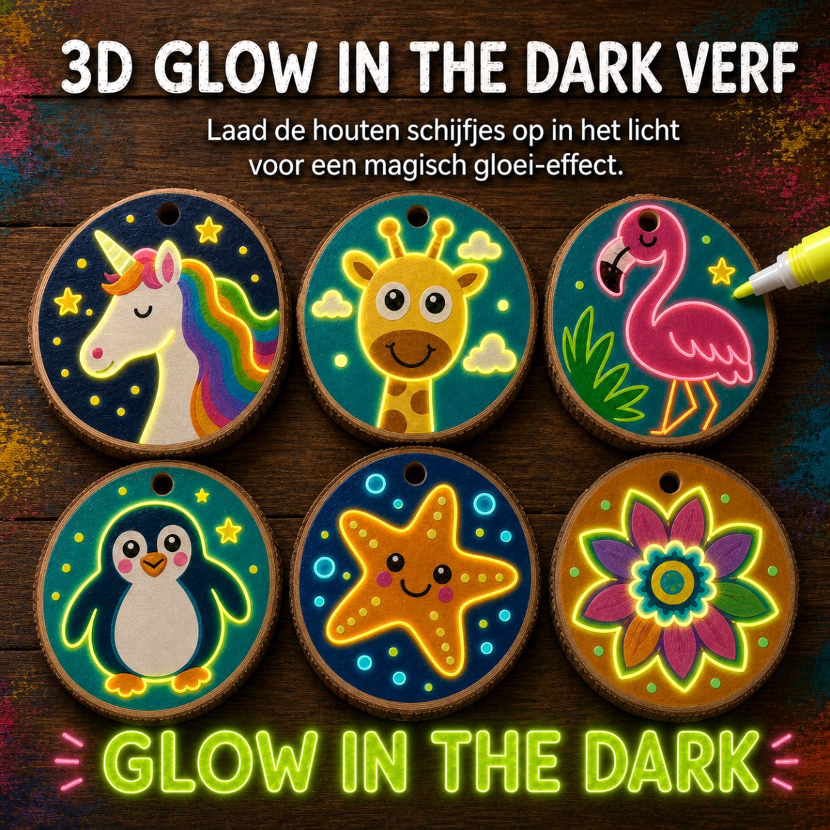 Vaive Houtschijfjes Schilderen 71-delig – Glow in the Dark Happy Stones Knutsel Pakket – Knutselen - Knutselset voor Meisjes & Jongens - Knutselpakketten — afbeelding 3