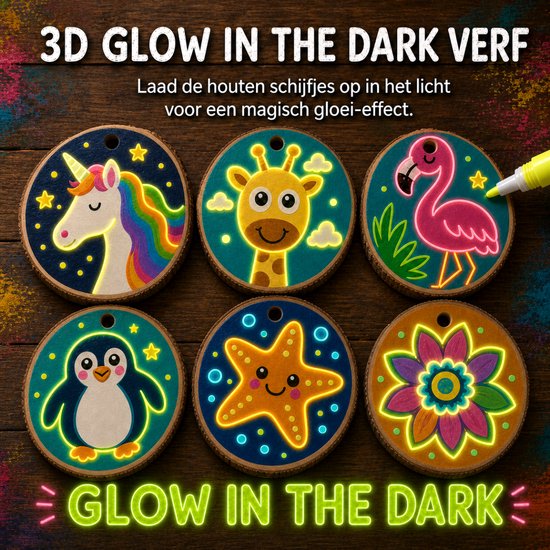 Glow in the dark houten schijfjes met eenhoorn, giraf, flamingo, pinguïn, ster, bloem en magisch gloei-effect.