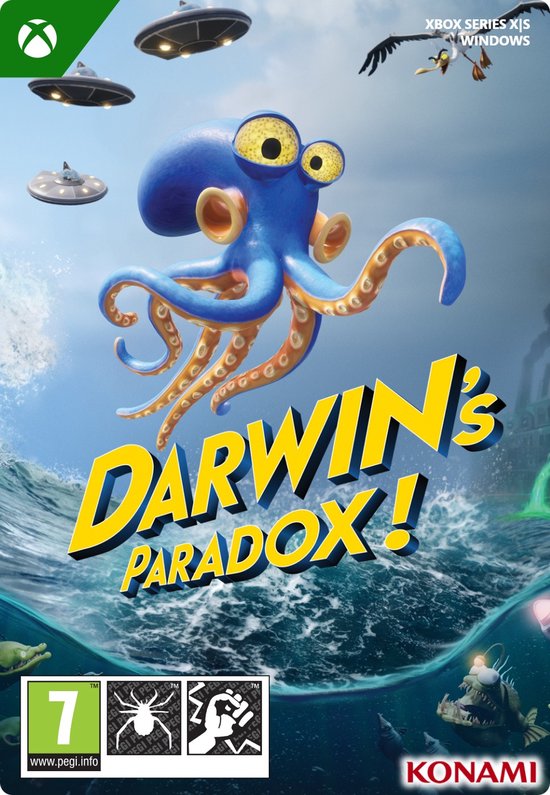 Gamecover van Darwin's Paradox! met een blauwe octopus, vliegende schotels en een vis.