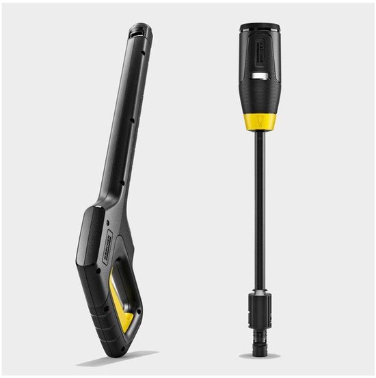 Karcher hogedrukreiniger pistool en 4-in-1 Multi Jet spuitlans, beide zwart met gele accenten.
