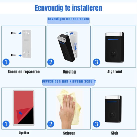 YOR® Waterdichte Draadloze Deurbelset - 2 Ontvangers - 150m Bereik - Geen Batterijen - 45 Melodieën - 4 Volumeniveaus - Zwart - ‎13cm x 11cm x 8cm — afbeelding 2