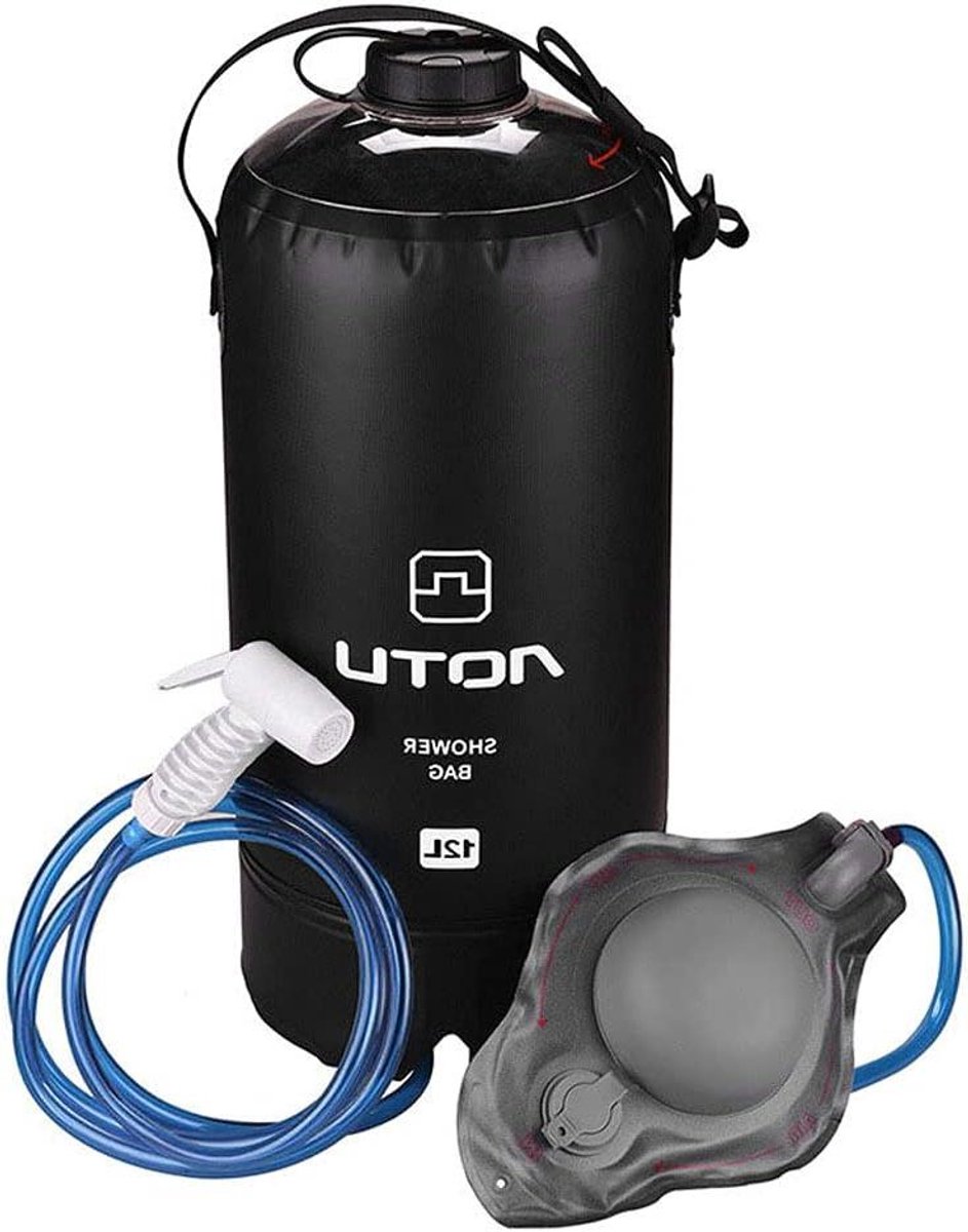 Kampeer Douchezak - Buitenwaterzak - Buiten Douchen - Met Voetpomp - 12 Liter - Zwart/Geel/Blauw