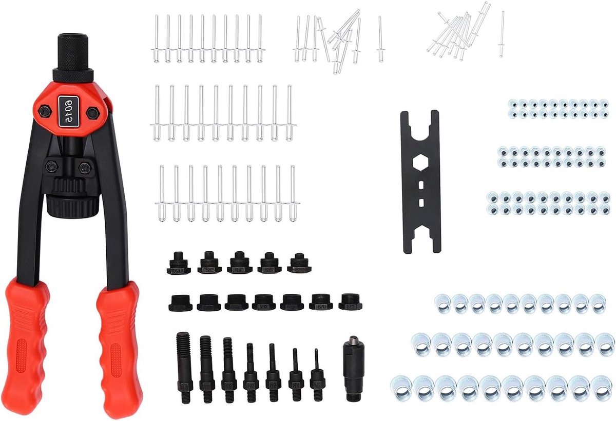 Klinkmoertangen set - Klinknageltang - Bevestigen van metaal - 35 keer armkracht - M3-M12 - Zwart rood zilver