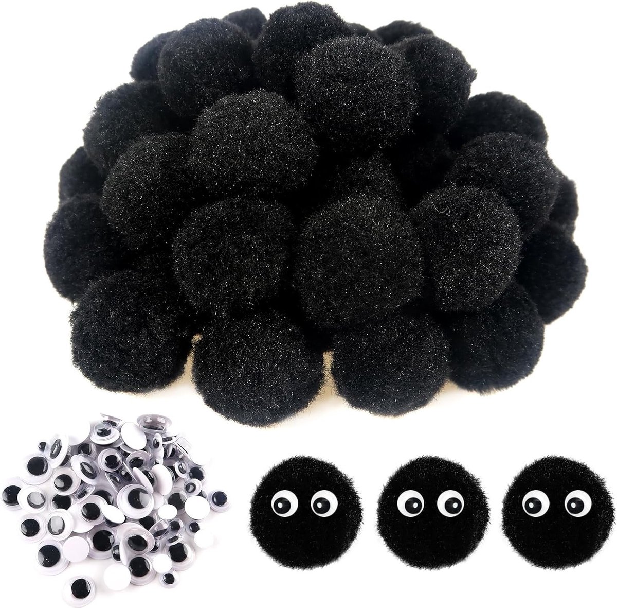 50 Stuks Creatieve Zwarte Fluffy Pompoms van 3 cm met 100 Beweegbare Ogen voor Knutselaccessoires, Versieringen en Naai Projecten