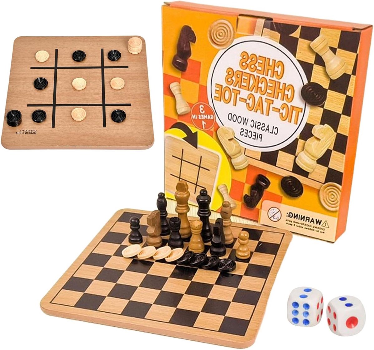 Schaakset Kinderen - Damspel Hout - Familie Spel - Dubbelzijdig Bord - 27 cm - Natuurlijk Hout