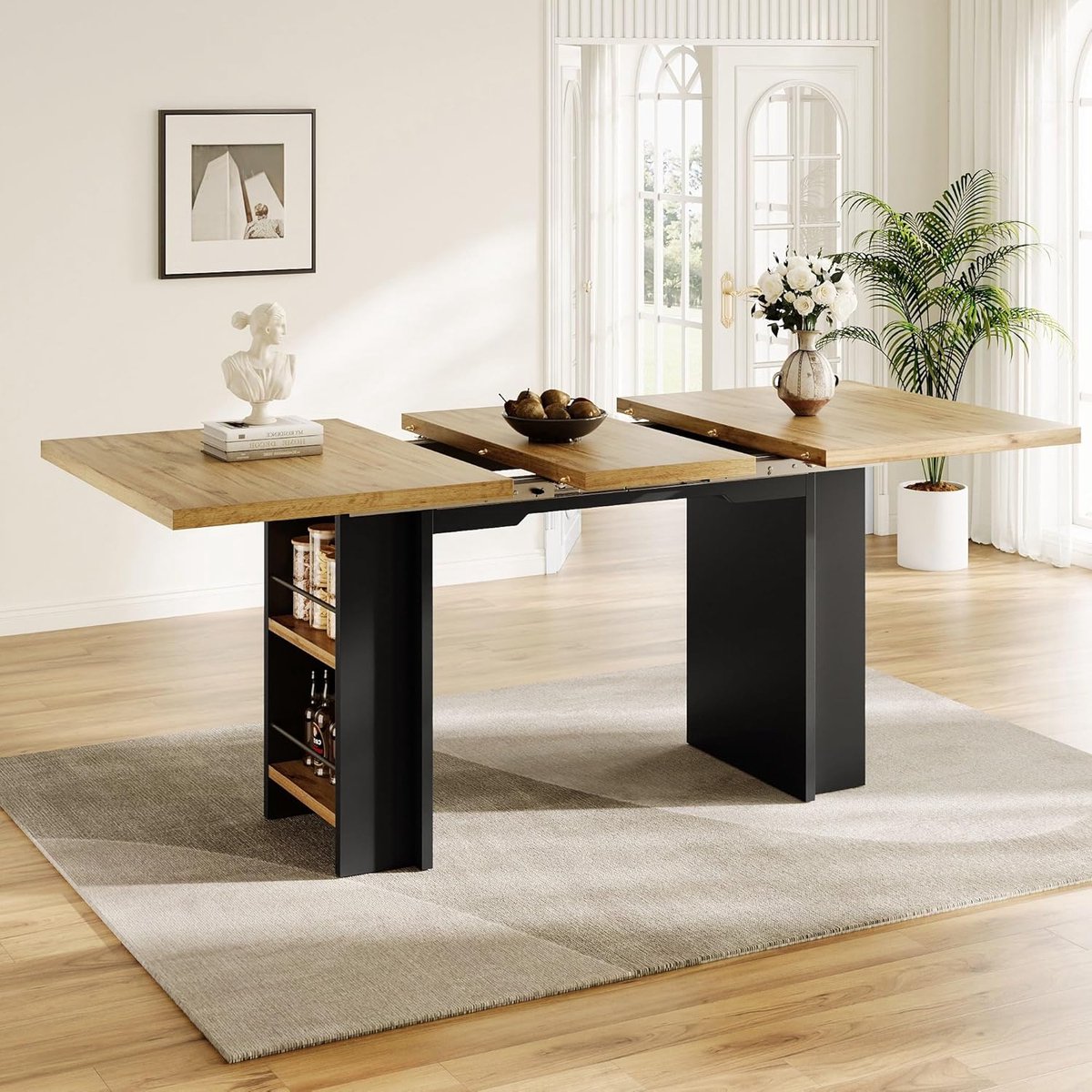 Telescopic Dining Table (120-160 x 80 cm), Table with Shelves, Kitchen Table, Extendable Table, with Help of Internal Inserts, Extendable, for Kitchen and Living Room, Wood Colour