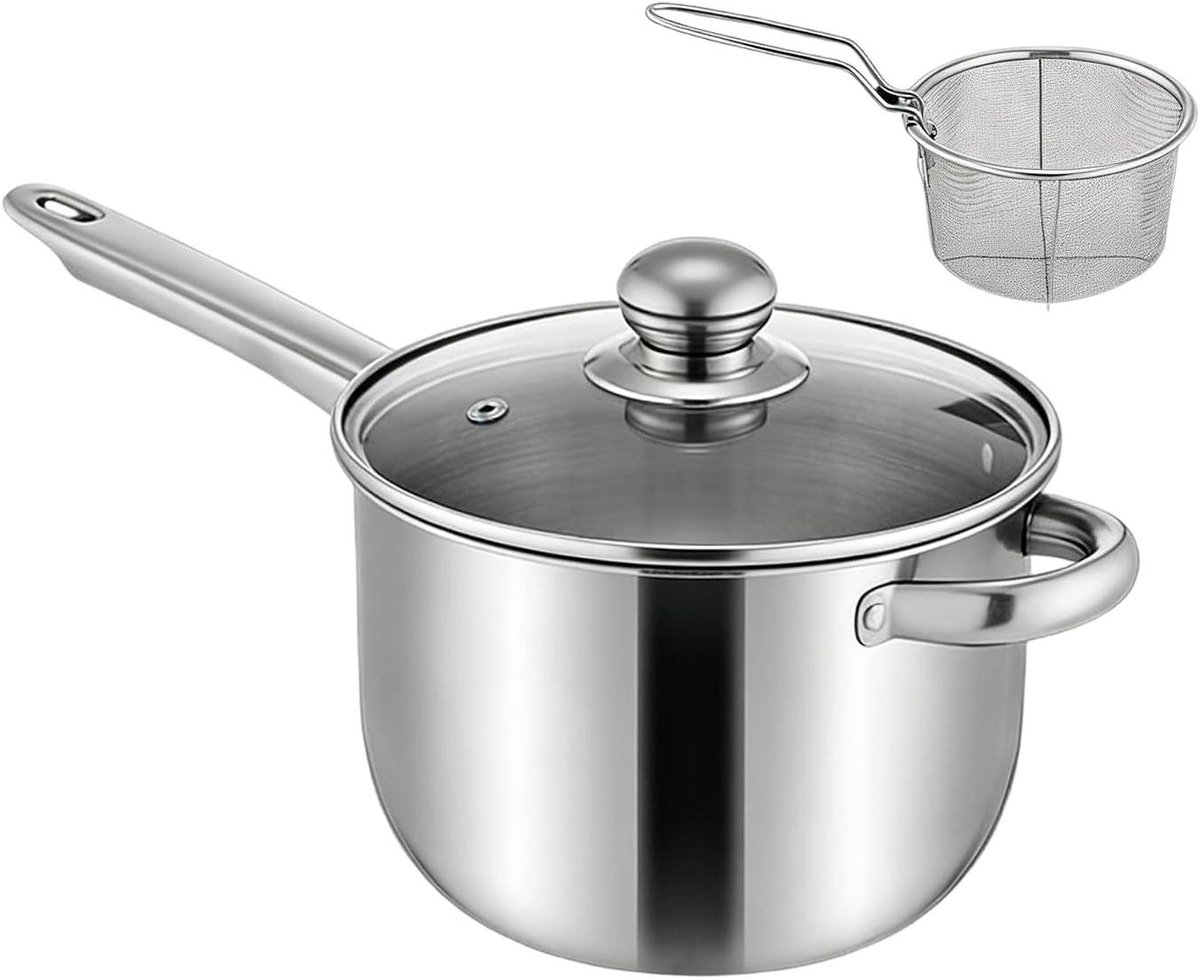 Friteuse Kookpan - RVS Pan - Thuis Frituren - Met Mandje - 20cm Breed - Zilverkleurig