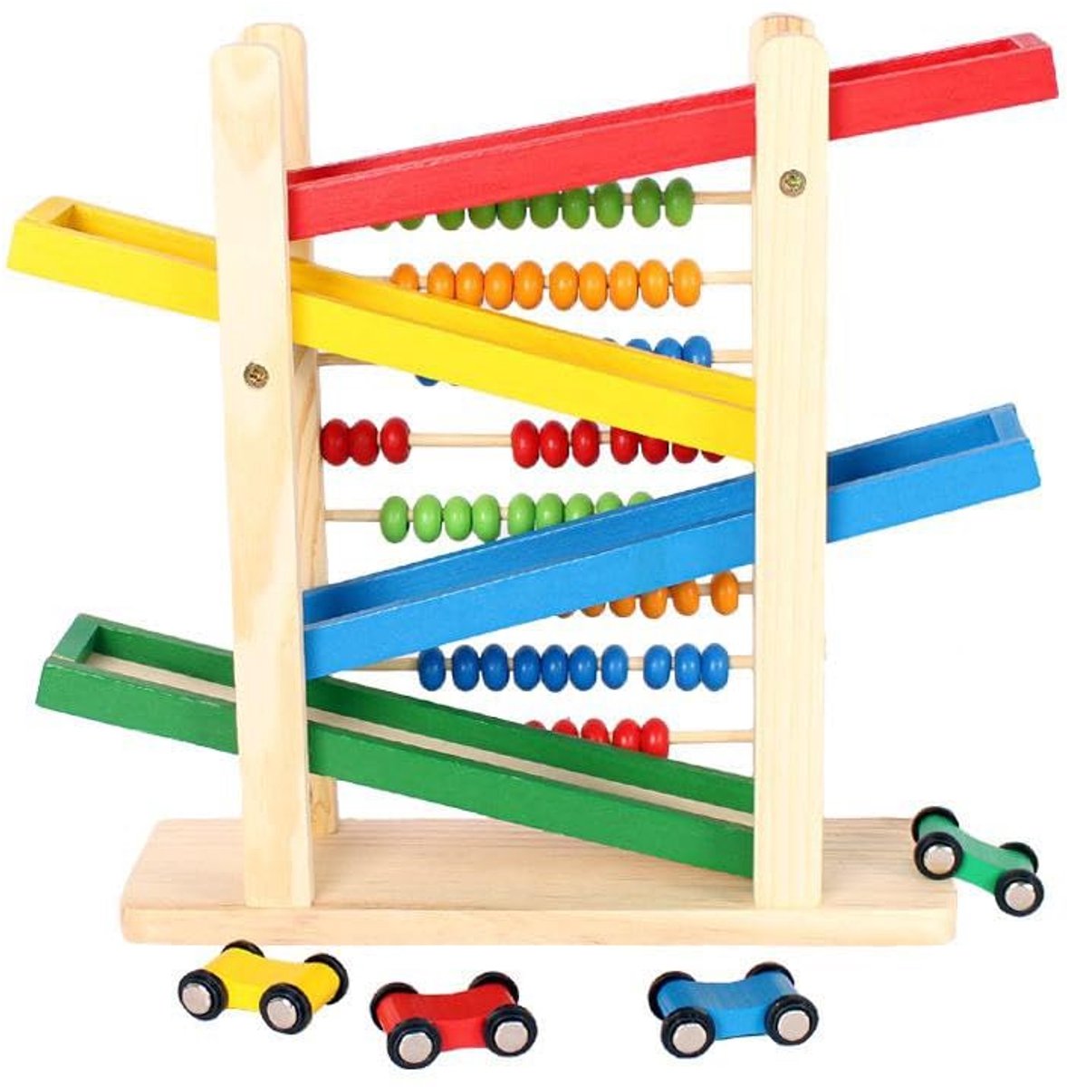 Flero Houten Auto Glijbaan en Telraam, Slide Car met Abacus - 2-in-1 Montessori Speelgoed met 4 Houten Autootjes en Gekleurde Kralen - Educatief Houten Speelgoed voor Kinderen vanaf 3 Jaar - Speelgoed zonder Scherm, Leren Tellen, Verjaardagscadeau