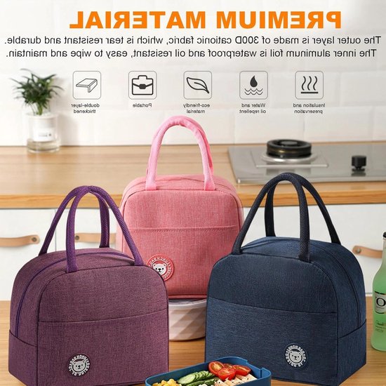 Koeltassen Set - Lunchtas Mini - Maaltijden Meenemen - Isolerende Voering - 23 x 13 x 21 cm - Marineblauw Roze — afbeelding 2