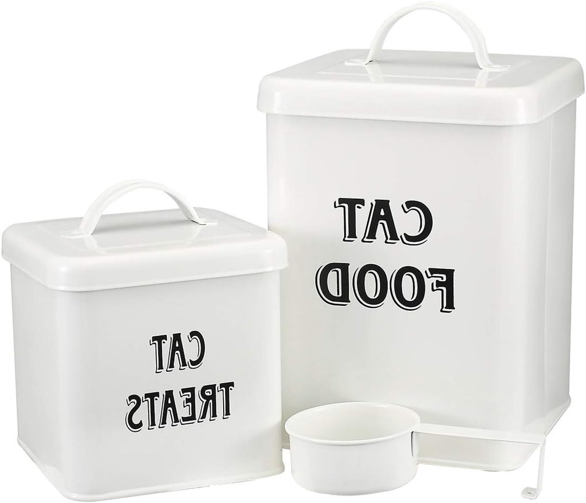 Hondenvoer en traktaties opbergset met schep - Vintage witte poedercoating - Stalen opslagcontainers met afsluitbare deksels - Ideaal voor hondenvoer en snacks