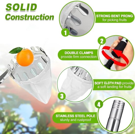 Allecto - Fruitplukker - Appelplukker - Eenvoudig te monteren - 4 m steel - Kersenplukker - Geschikt voor verschillende fruitsoorten - Inclusief ka... van Allecto — afbeelding 4