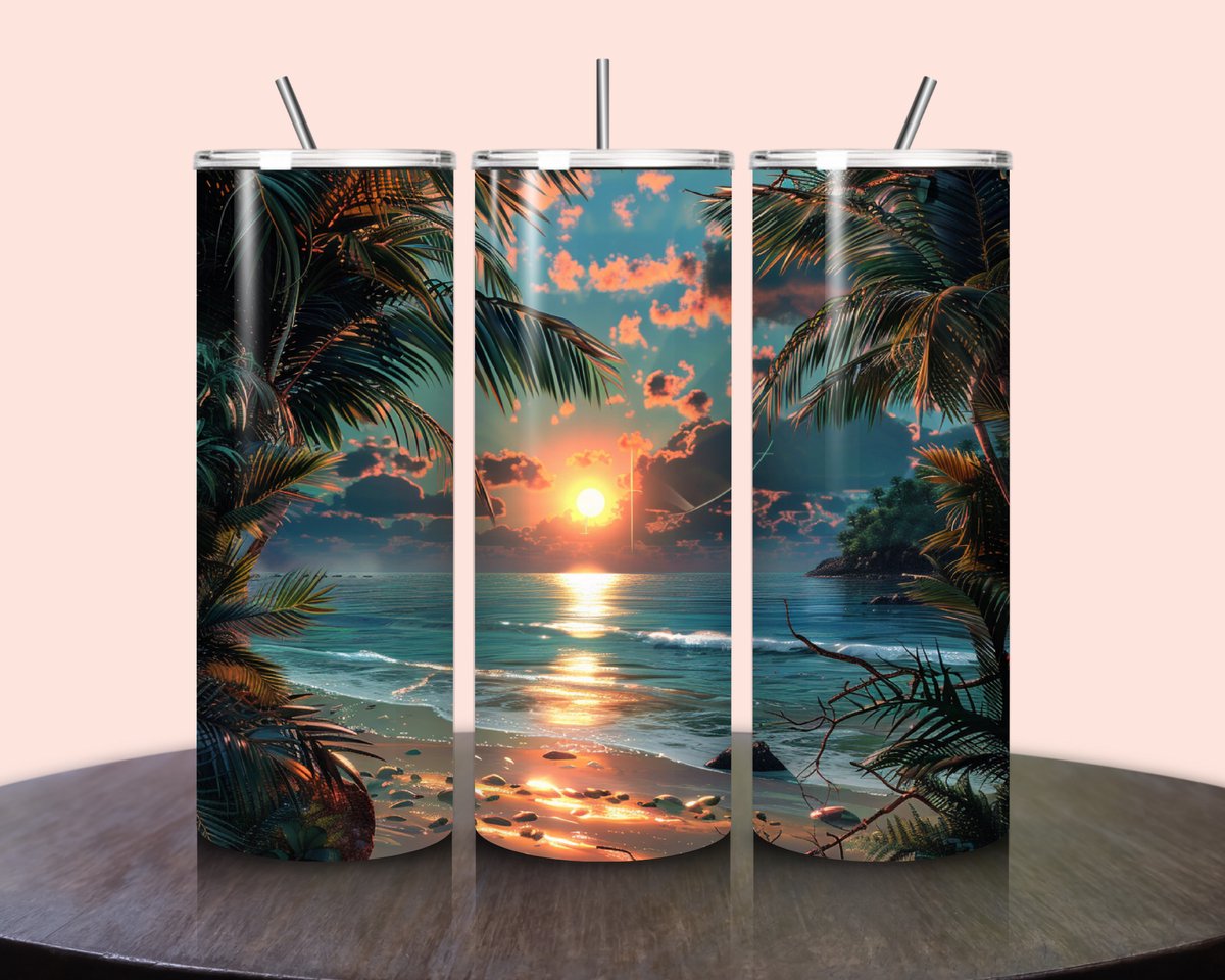 Jacintha's kadowinkeltje - Tumbler zonsondergang palmbomen - Roestvrijstalen Tumbler - Geïsoleerde drinkbeker - 600ml - Warme en koude dranken - RVS rietje - To go beker - Kinderen - Volwassenen