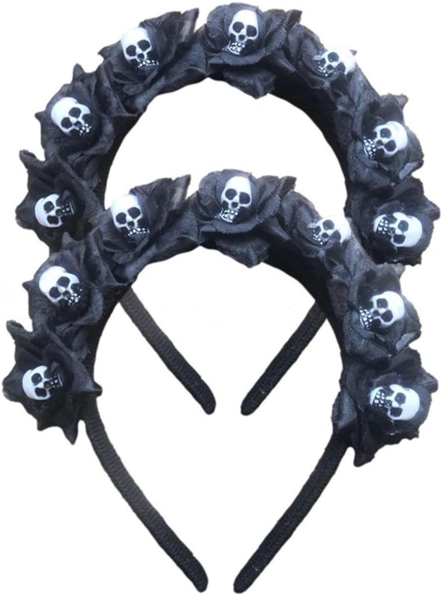 Halloween Bloemenkrans Hoofdband voor Dames - 2 Stuks, Schedel Bloem Wreath voor Zombie Bruid, Gothic Accessoire voor Kostuum en Carnaval