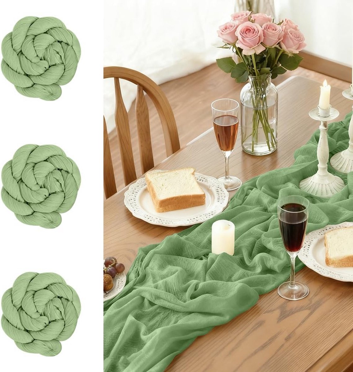 Set van 3 Tafelrokken in Lichtgroen, Modebewuste Mesh Tafelrokken, Bohemian Stijl, Terracotta, 90 x 300 cm, Sage Groen, Mesh Stof, Landelijk, Keuken, Feestdagen, Bruiloft, Decoratie, Eetkamer