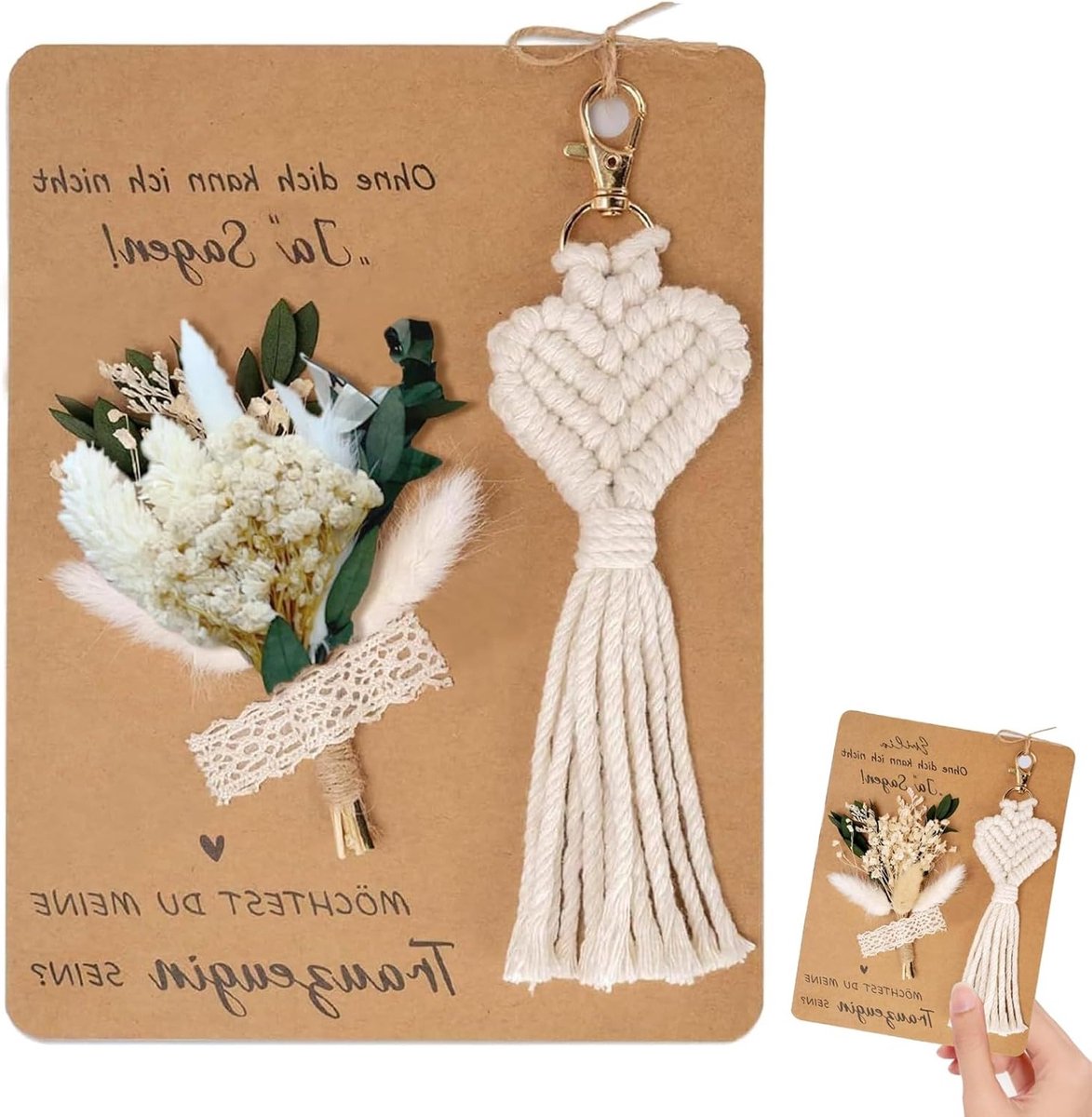 Persoonlijke Uitnodigingsset voor Bruidsmeisjes met Macramé Sleutelhanger, Gedroogde Bloemen en Kaart – Unieke Cadeaus voor Bruidsmeisjes en Bruiloft