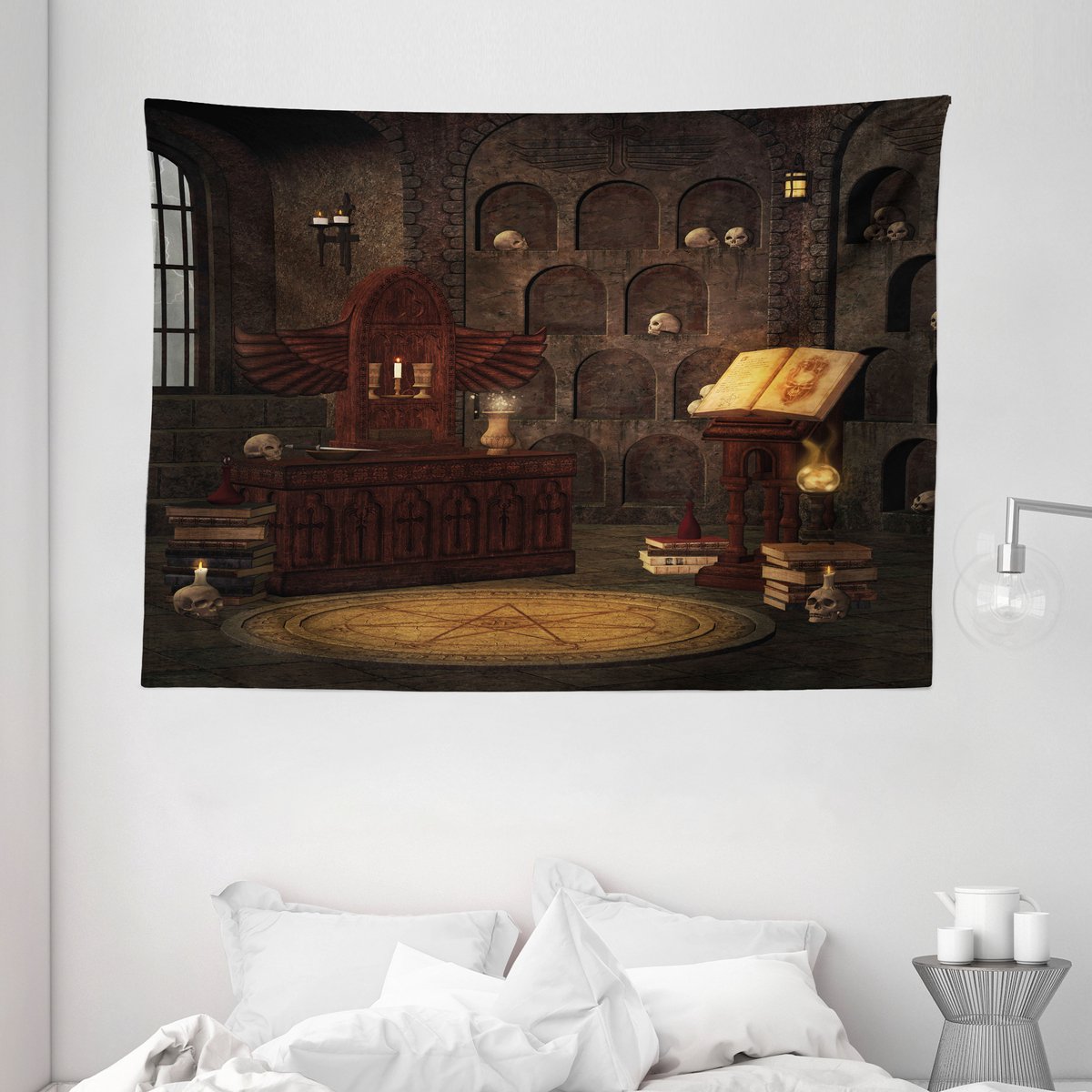 ABAKUHAUS Gotisch wandtapijt en sprei, tovenaars met schedels, 230 x 140 cm, bruinbruin Bruinharige