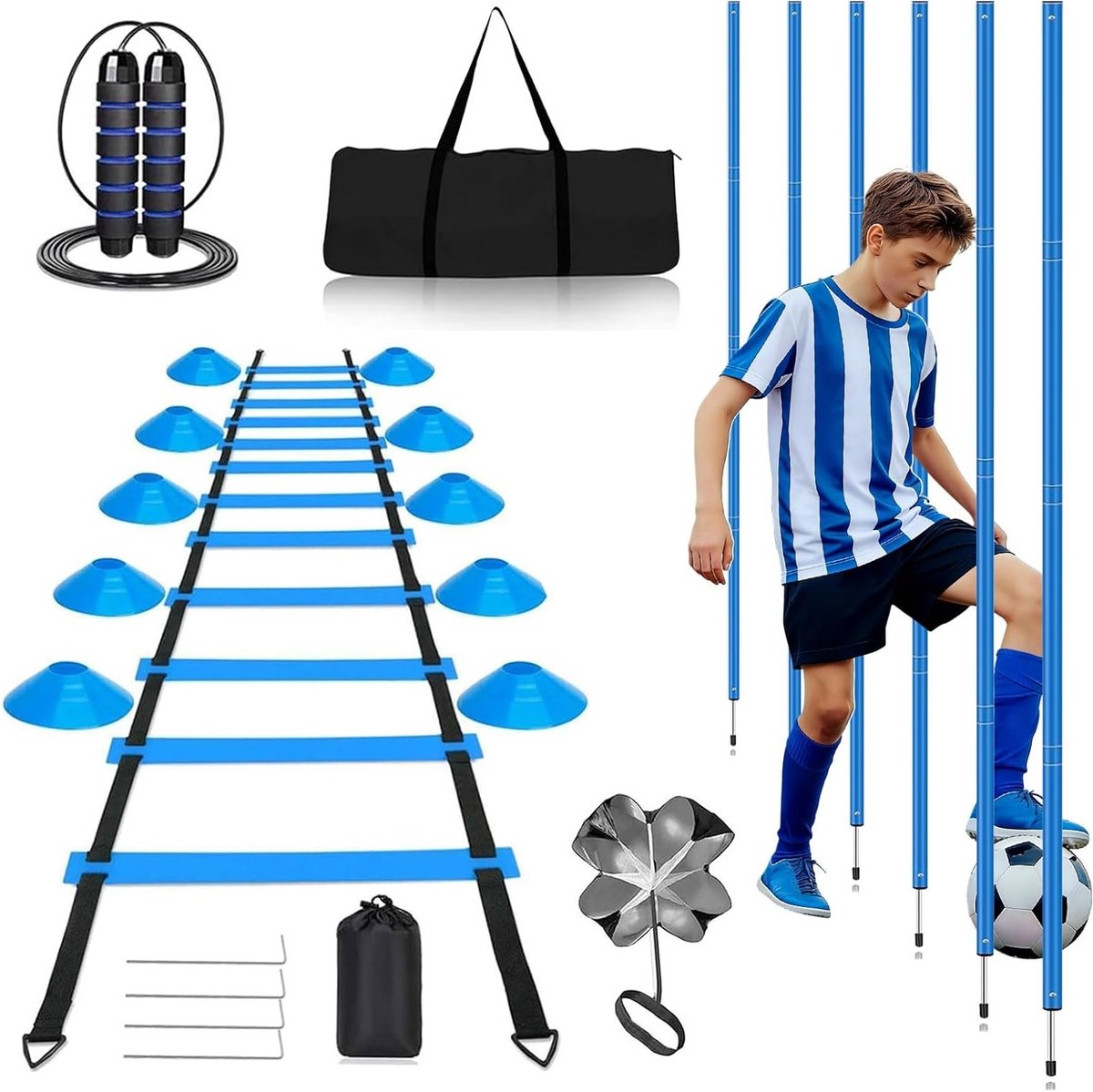 Voetbal Trainingsaccessoireset met Slalom Stangen, Coördinatieladder, Hoedjes en Springtouw voor Verbetering van Coördinatie en Snelheid in Sporttraining