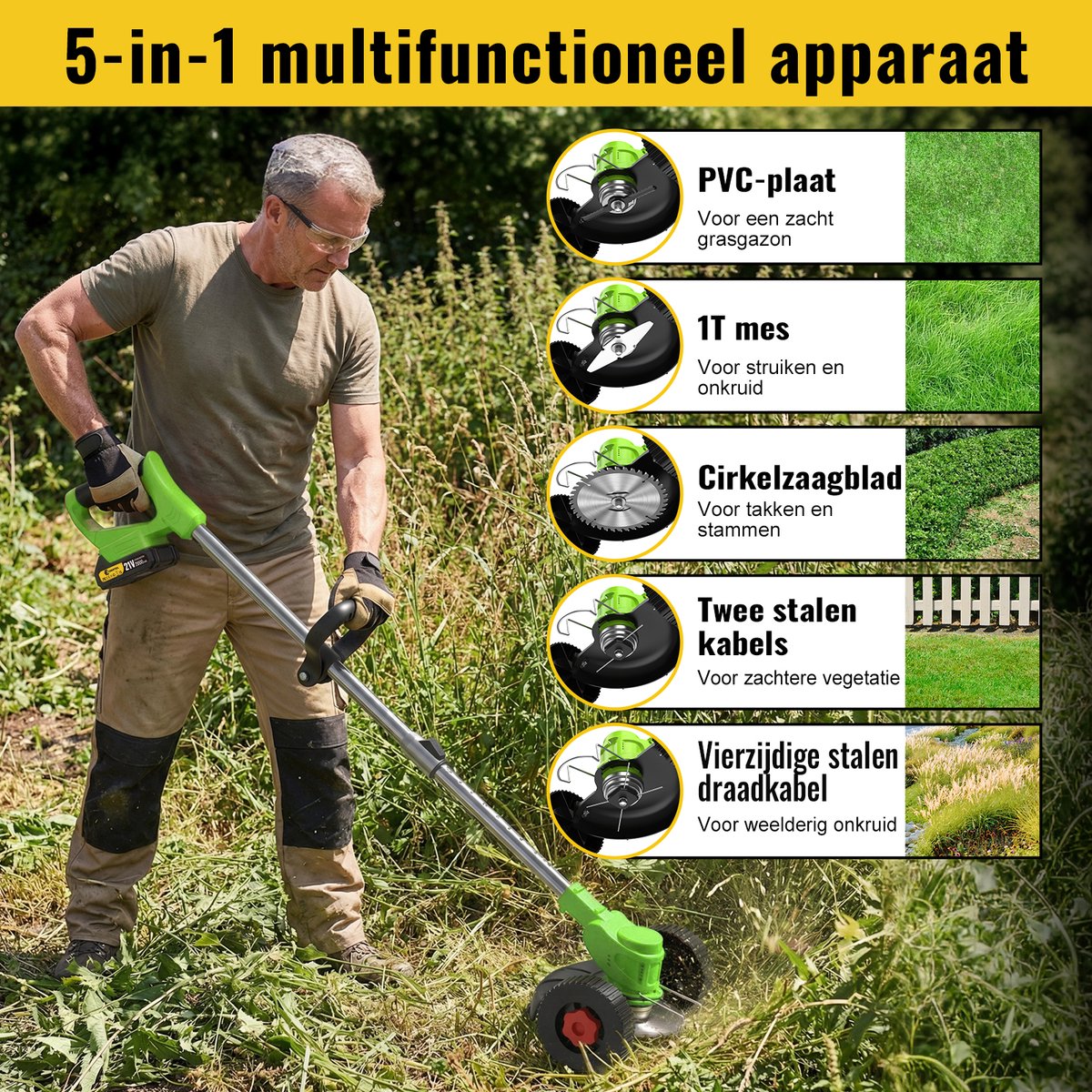 CONENTOOL Accu Grastrimmer 21V - Kantenmaaier - Elektrische Grasmaaier - Multifunctionele Bosmaaier - 2x 4.0Ah Accu’s & Verwisselbare Mesjes - Voor Tuin en Onkruid – foto 2