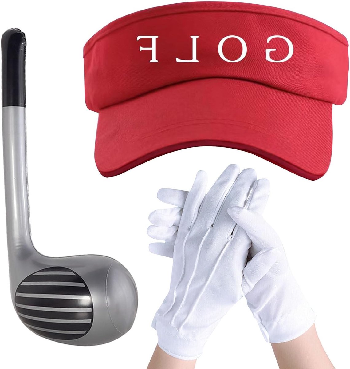 Set van 3 Golfaccessoires: 76 cm Opblaasbare Golfclub, Zonnehoed en Witte Handschoenen voor Feestjes en Carnaval