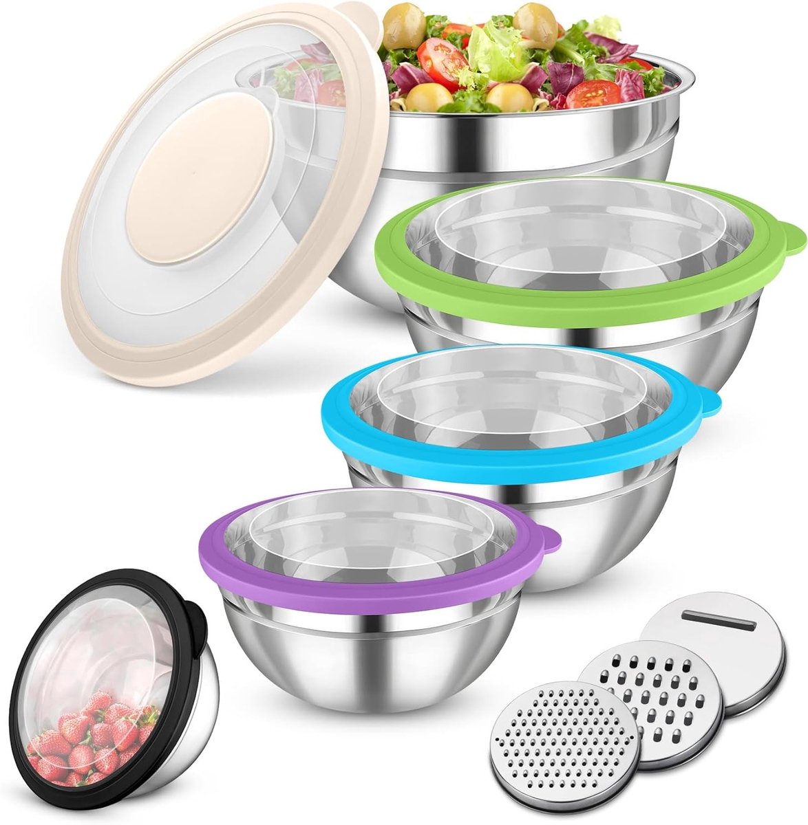 Mixkom Set met Deksel en Raspaccessoires - 5 Kleurige Mengkommen voor Keukengebruik