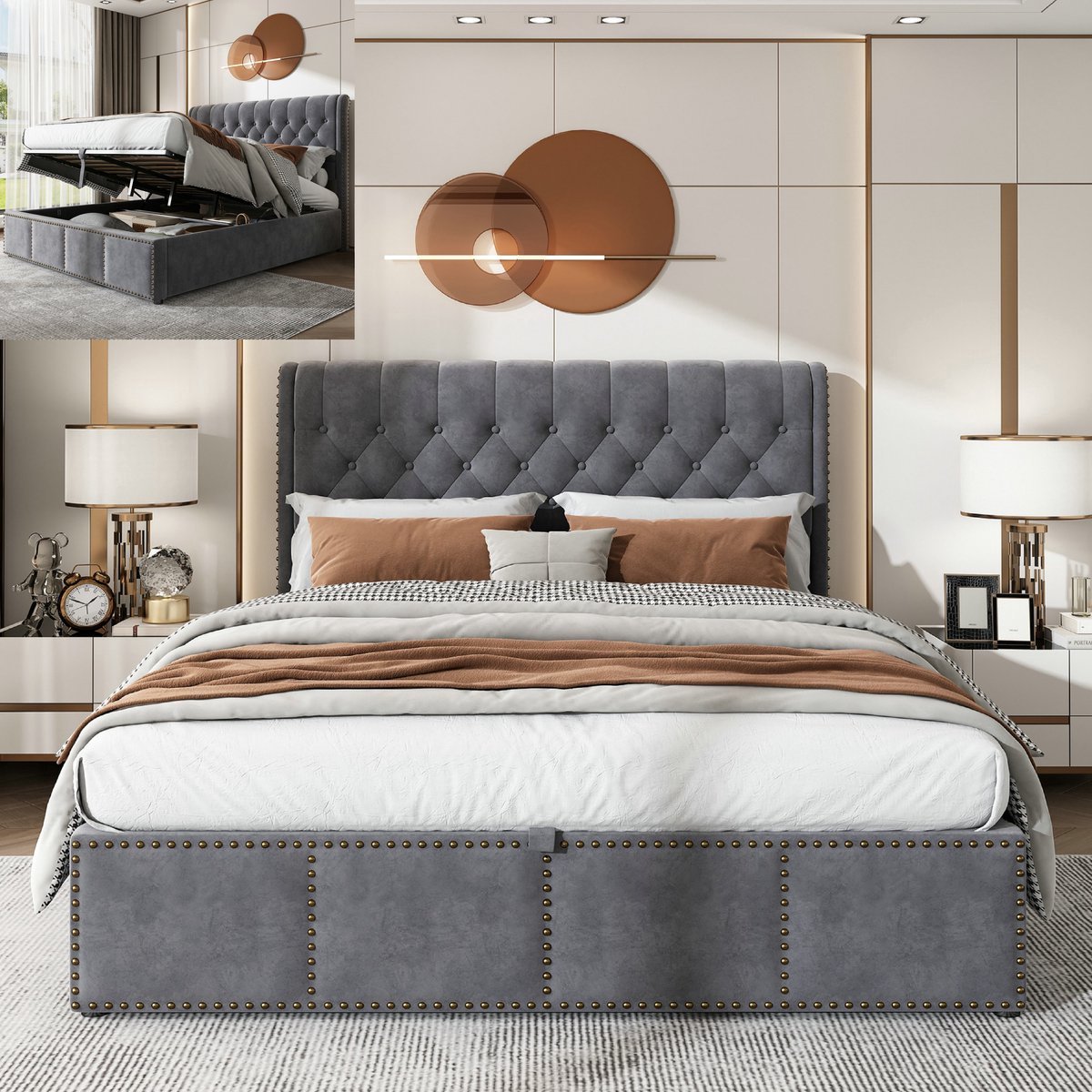 VVBV Bed met opbergruimte 140x200 / Gestoffeerd bed 140x200 / Tweepersoonsbed 140x200 – Fluweel – Grijs – Zonder Matras – met Lattenbodem