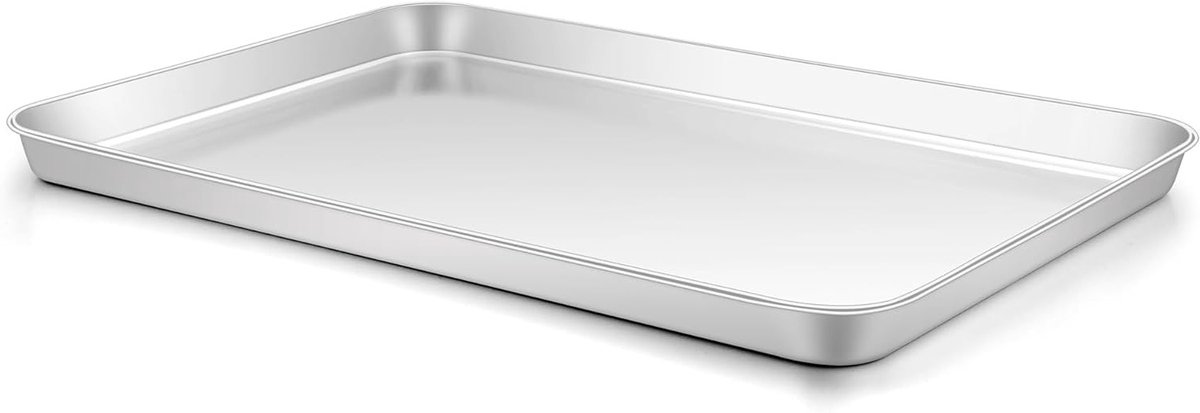 Rechthoekige bakplaat van roestvrij staal, ideaal voor bakken, koken en serveren, 31.5 x 24.6 x 2.5 cm, vaatwasserbestendig en duurzaam