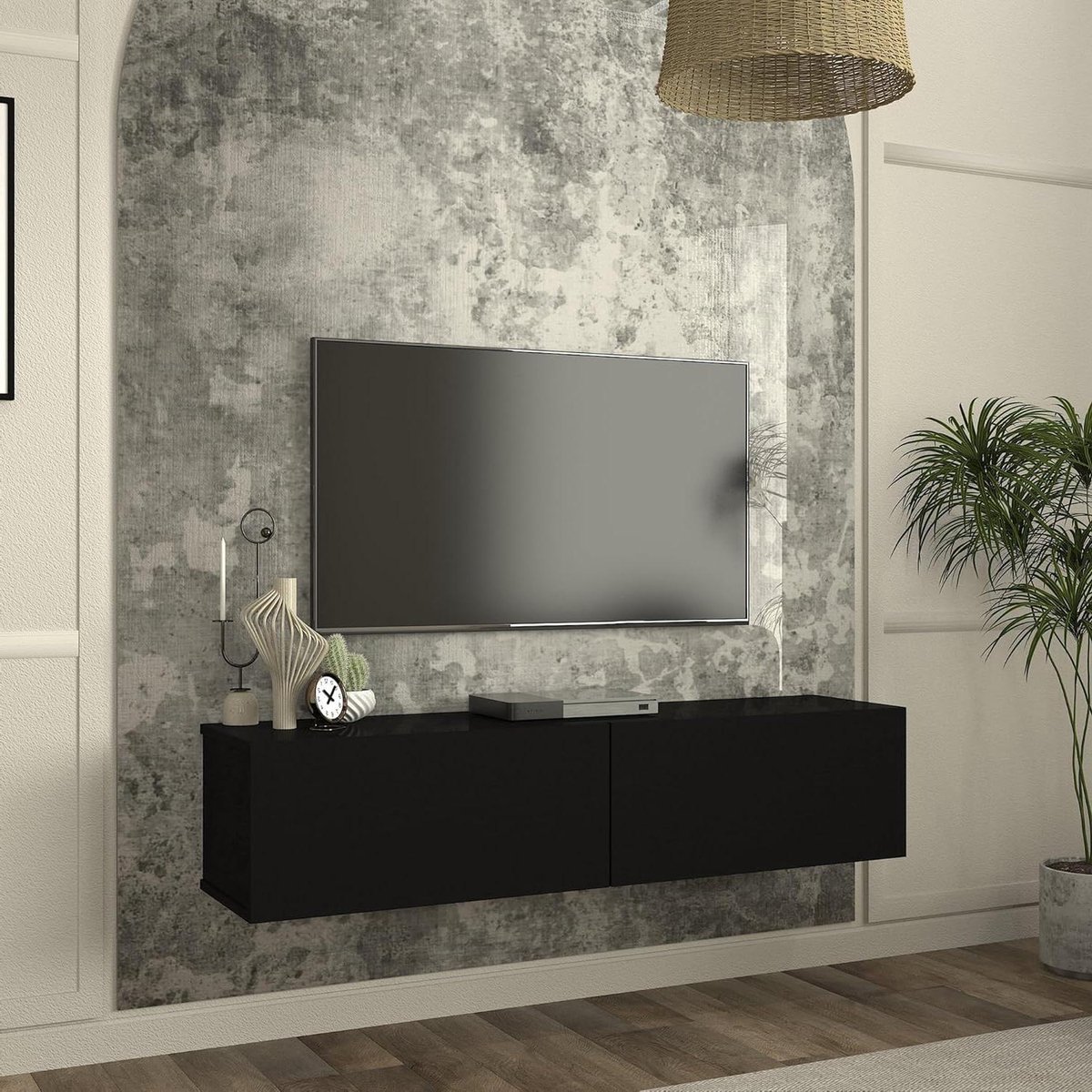 Zwevende TV Kast - Lowboard Wandmontage - Woonkamer Media - Zelfmontage Inclusief - 135x32x30cm - Zwart