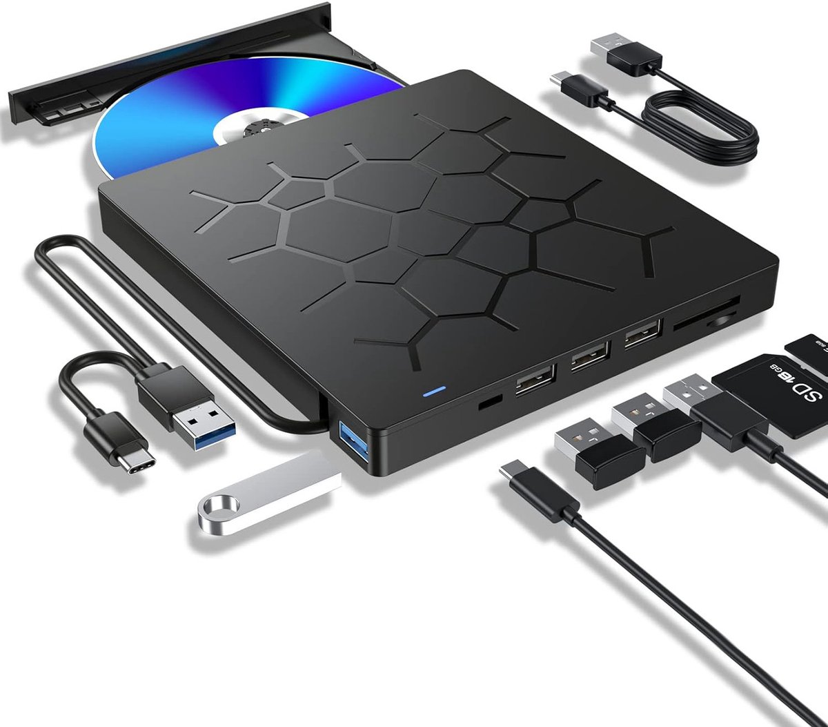 Oneay Externe optische schijf voor laptops – 7-in-1 USB 3.0 ultradunne draagbare dvd-speler, brander en externe optische schijf; compatibel met laptops, desktops, Windows, Mac en Linux besturingssystemen.