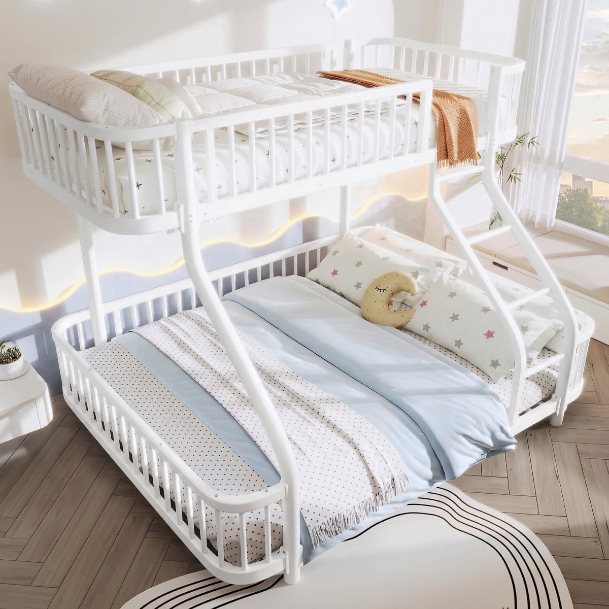 VVBV Stapelbed 90x200 en 140x200 – Kinderstapelbed met Veiligheidshek – Metaal – Zonder Matras – Wit – Ladder – Metalen Frame
