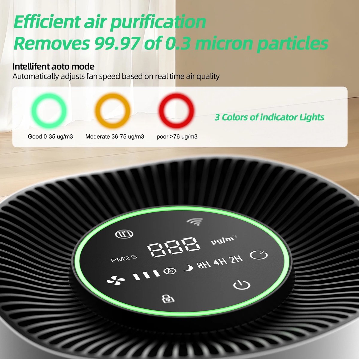 ITRONIQ Smart Luchtreiniger HEPA H13 Met Wifi - Air Purifier Tegen Huisdieren Geuren Pollen en Stof - Stil - 120 m2 - Wit — afbeelding 4