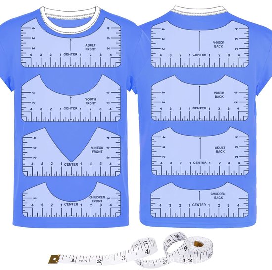 Blauw T-shirt met transparante linialen voor kind, jeugd, volwassen, V-hals, voor- en achterkant.
