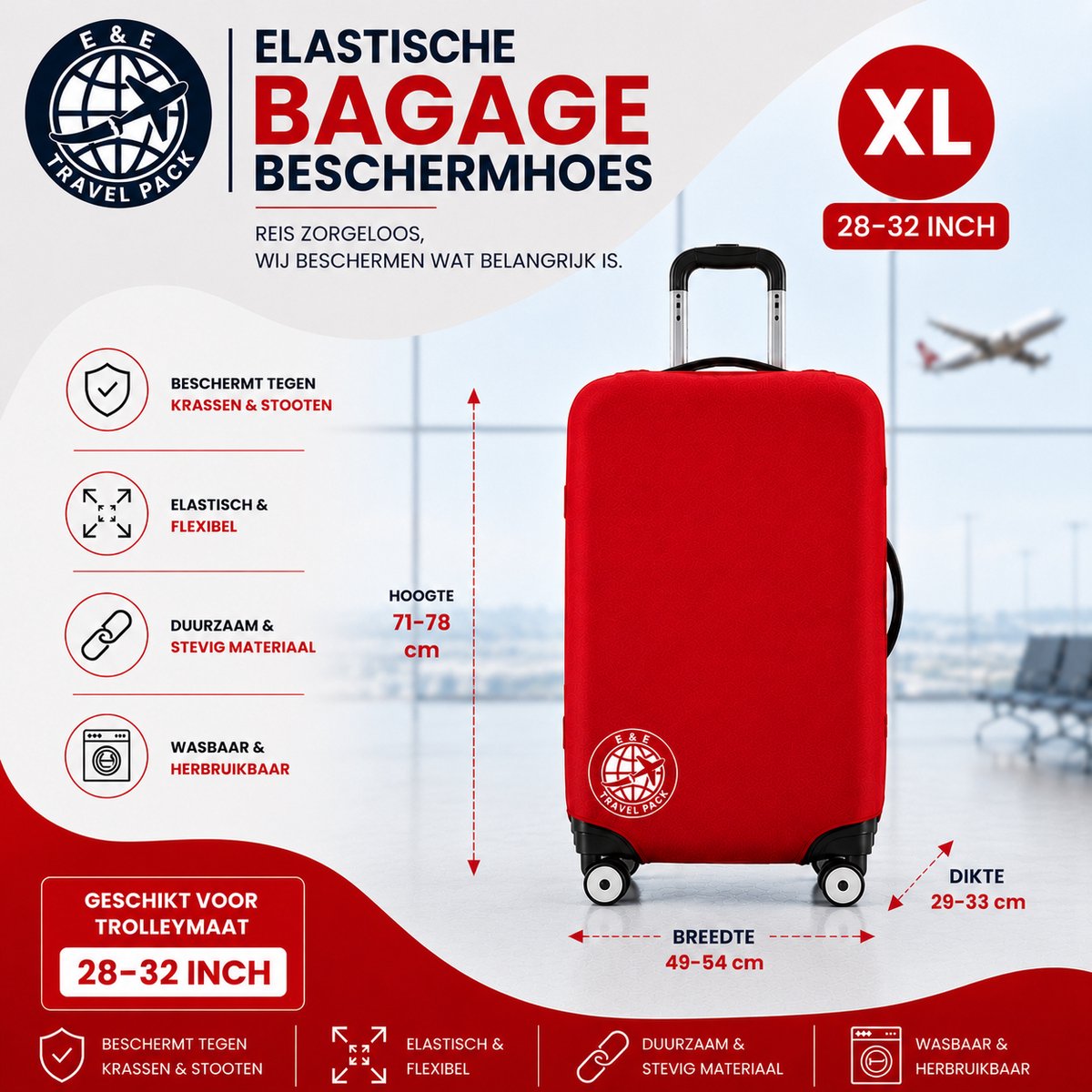 Wasbare Elastische Kofferhoes Bagage Beschermhoes Maat XL-32 inch- Reiskofferhoes, E&E Travel Pack-Protector Cover Kofferhoes, bagagehoes, bagagehoes, vakantie, reizen beschermhoes Trolley, koffer (32 inch), vliegtuig Cover Travel ROOD/BLAUW/ZWART
