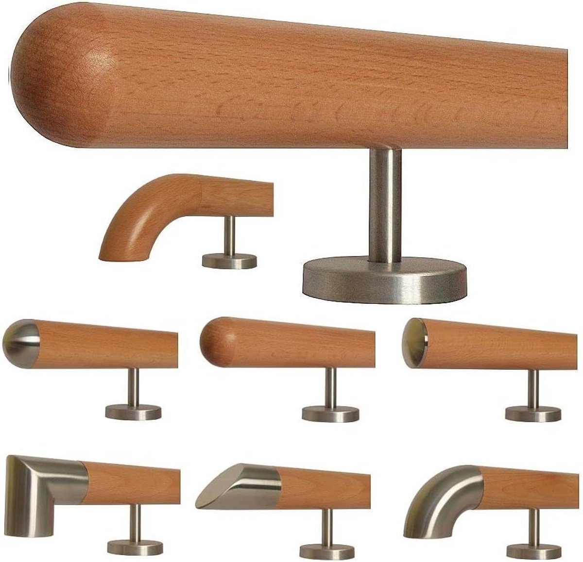Houten trapleuning - Muren handgreep - Veilig traplopen - Massief beukenhout - 140 cm - Zilverkleurig