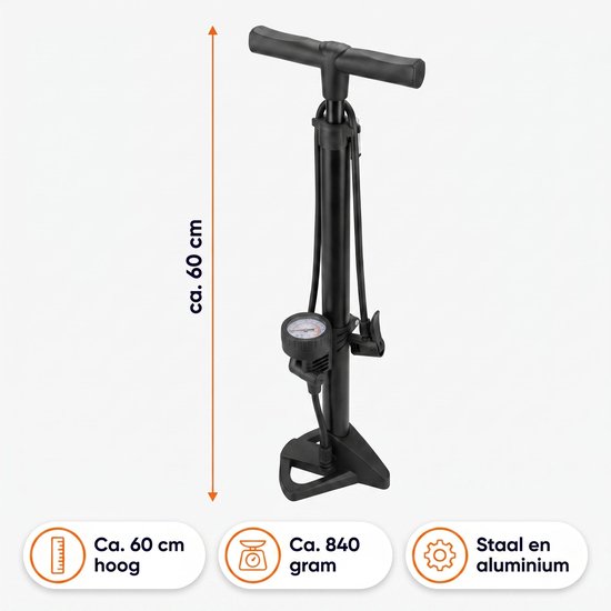 Lomera Fietspomp - Vloerpomp met Manometer - Staande Fietspomp met Drukmeter - Hogedrukpomp - Luchtpomp voor Alle Ventielen - Presta, Schrader en Dunlop - Voor Racefiets, MTB en E-Bike - Voetpomp - Fietsbandenpomp - Fietsvloerpomp — afbeelding 3