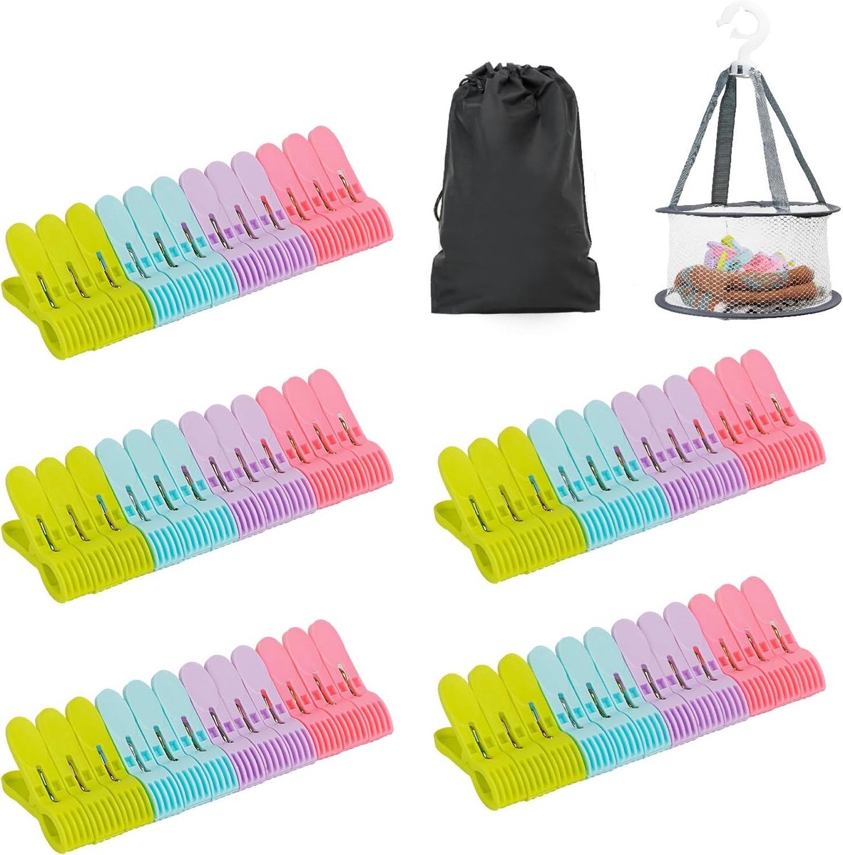 Kleurige plastic wasknijpers met mand, 48 stuks, sterke grip en antislip voor efficiënt drogen